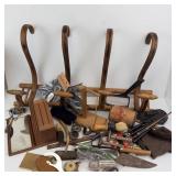 Vintage Assorted Tools & Craft Items - Wooden Hook Rack, & Carving Tools