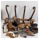 Vintage Assorted Tools & Craft Items - Wooden Hook Rack, & Carving Tools