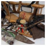 Vintage Assorted Tools & Craft Items - Wooden Hook Rack, & Carving Tools
