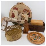 Vintage Folk Art Wood Decor - Patchwork Round Plaque, Carved Figure and metal basket