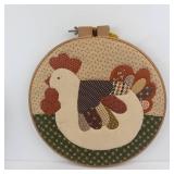 Vintage Folk Art Wood Decor - Patchwork Round Plaque, Carved Figure and metal basket