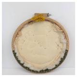 Vintage Folk Art Wood Decor - Patchwork Round Plaque, Carved Figure and metal basket