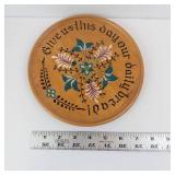 Vintage Folk Art Wood Decor - Patchwork Round Plaque, Carved Figure and metal basket