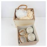 Teapot with Bamboo Wrapped Handle and Matching Teacups in Cardboard Box