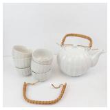 Teapot with Bamboo Wrapped Handle and Matching Teacups in Cardboard Box