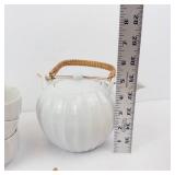 Teapot with Bamboo Wrapped Handle and Matching Teacups in Cardboard Box