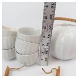 Teapot with Bamboo Wrapped Handle and Matching Teacups in Cardboard Box