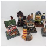 Assorted Hand-Painted Ceramic Village Houses Set - Miniature Town Buildings with Tower & Hotel Sign