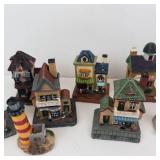 Assorted Hand-Painted Ceramic Village Houses Set - Miniature Town Buildings with Tower & Hotel Sign