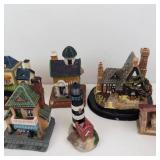 Assorted Hand-Painted Ceramic Village Houses Set - Miniature Town Buildings with Tower & Hotel Sign
