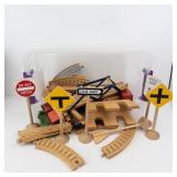 Assorted Wooden Traffic Signs and Track Pieces - Toy Road Set