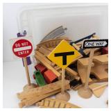 Assorted Wooden Traffic Signs and Track Pieces - Toy Road Set