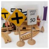 Assorted Wooden Traffic Signs and Track Pieces - Toy Road Set