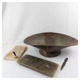 Vintage Brass Desk Scale Pan with Stone Pen Holders & Metal Letter Opener (Lot of 4)