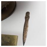 Vintage Brass Desk Scale Pan with Stone Pen Holders & Metal Letter Opener (Lot of 4)
