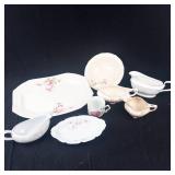 Floral Pattern China Assortment - Plates, Teacups, Saucers & Creamer