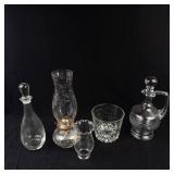 Crystal Glassware Assortment - 2 Decanters, Ice Bucket & Oil Lamp