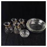 Vintage CorningWare Glass Carafes (Lot of 4) with Black Handles, Gold Bands & Pyrex Dishes