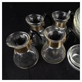 Vintage CorningWare Glass Carafes (Lot of 4) with Black Handles, Gold Bands & Pyrex Dishes