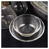 Vintage CorningWare Glass Carafes (Lot of 4) with Black Handles, Gold Bands & Pyrex Dishes