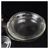 Vintage CorningWare Glass Carafes (Lot of 4) with Black Handles, Gold Bands & Pyrex Dishes
