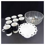 Godinger Crystal Bowl, Milk Glass Bowl & 8 Porcelain Espresso Cups (Lot of 3)