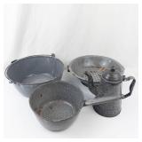 Antique Gray Graniteware Enamelware Set - Pots, Kettle, Colander & Funnel