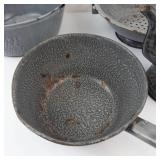 Antique Gray Graniteware Enamelware Set - Pots, Kettle, Colander & Funnel