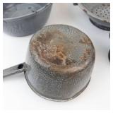 Antique Gray Graniteware Enamelware Set - Pots, Kettle, Colander & Funnel