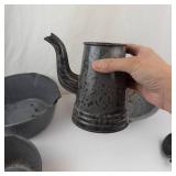 Antique Gray Graniteware Enamelware Set - Pots, Kettle, Colander & Funnel