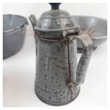 Antique Gray Graniteware Enamelware Set - Pots, Kettle, Colander & Funnel