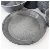 Vintage Gray Crackle Enamelware Cookware Set - Stock Pot, Plate & Cups