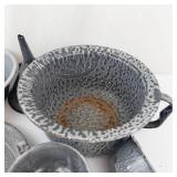 Vintage Gray Crackle Enamelware Cookware Set - Stock Pot, Plate & Cups