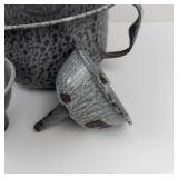 Vintage Gray Crackle Enamelware Cookware Set - Stock Pot, Plate & Cups