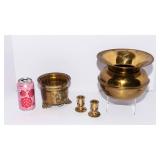 Assorted Brass Decor Lot – 2 Planters & 2 Candlestick Holders