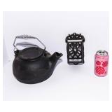 Vintage Cast Iron Kettle & Match Holder Set – Rustic Hearth Decor