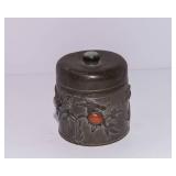 Antique Chinese Lidded Container – Likely Pewter with Stone Inlay