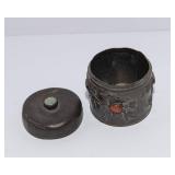 Antique Chinese Lidded Container – Likely Pewter with Stone Inlay