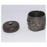 Antique Chinese Lidded Container – Likely Pewter with Stone Inlay