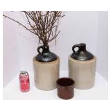 Vintage Stoneware Lot – 2 Two-Tone Jugs & Crock