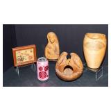 Assorted Wooden Decor Lot – Kauai Clock, Carved Religious Figure & More