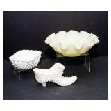 Fenton Satin Custard Glass Bowl + Hobnail Glass Shoe & Dish Lot