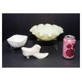 Fenton Satin Custard Glass Bowl + Hobnail Glass Shoe & Dish Lot