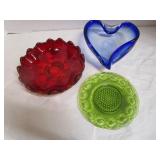 Art Glass Blue, Ruby & Green Dishes