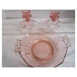 Pink Depression Bowl & Candle Holders