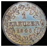 Uncirculated 1846 Kingdom of Bavaria 1 Kreuzer, Scarce, Unaltered w/Lustrous Gold/Blue Toning