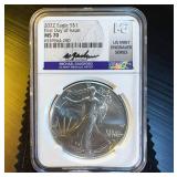 Gaudioso Hand Signed MS-70 2022 Silver Eagle, Mint Engraver Series, First Day of Issue, NGC Top Pop 1 of 200