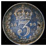 XF 1890 Great Britain Silver 3 Pence, Unaltered w/Beautiful Blue/Grey Toning