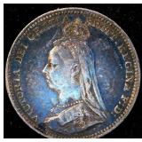 XF 1890 Great Britain Silver 3 Pence, Unaltered w/Beautiful Blue/Grey Toning