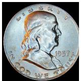 AU+/BU 1957-D Franklin Half Dollar, Muted Original Luster